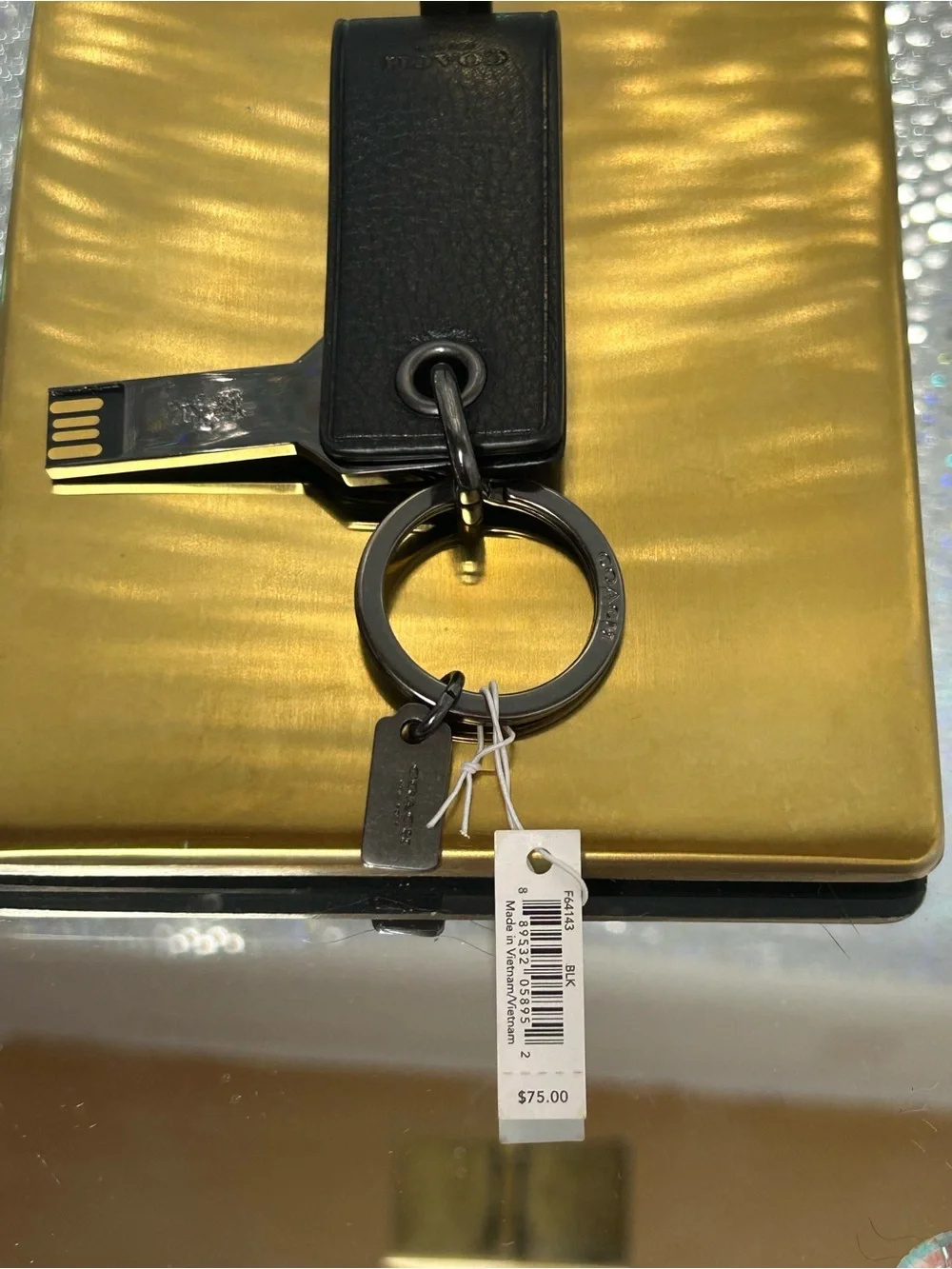 Coach Black Leather Key Fob with Silver Hardware and Logo Tags